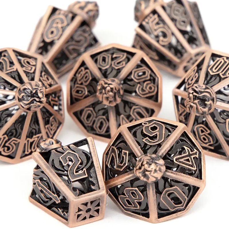 Copper Flame - 7 Piece Hollow Metal Polyhedral Dice Set & Dice Case