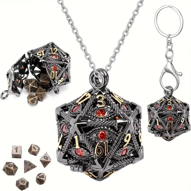 Garnet Dragon Eye Dice Necklace with 7 Piece Mini Metal Polyhedral Dice Set